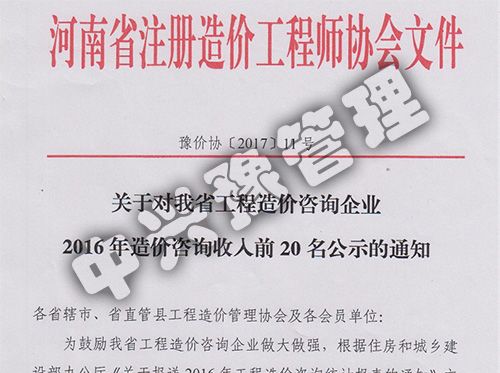 河南省工程造價咨詢企業(yè)收入20強